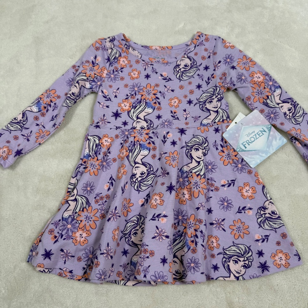 Disney Frozen Elsa Toddler Girls Long Sleeve Dress Purple Floral Print Size 18M